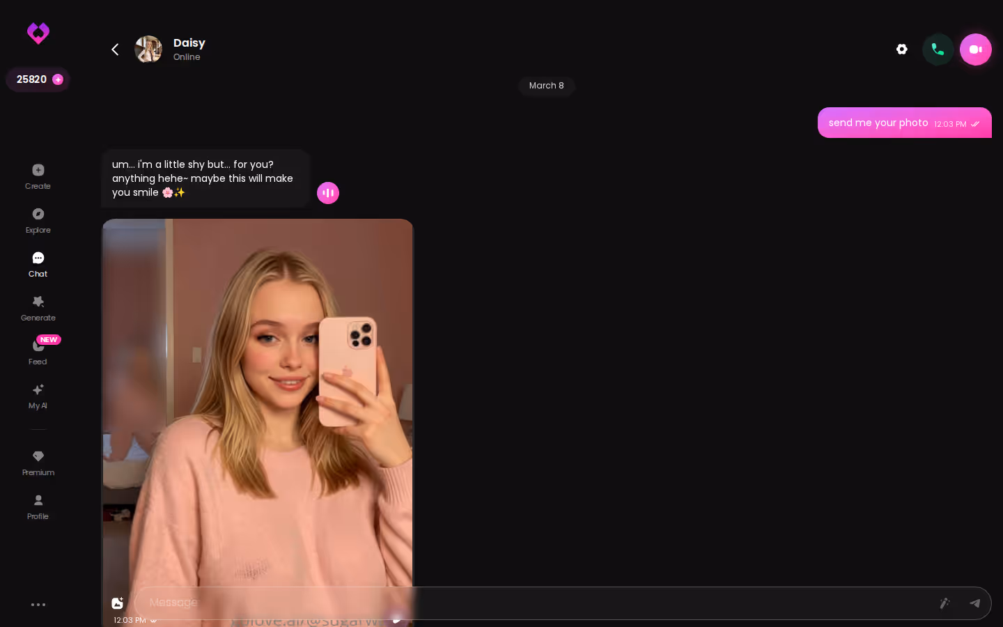 Desktop GoLove chat dialog with an AI character, the core of the product
