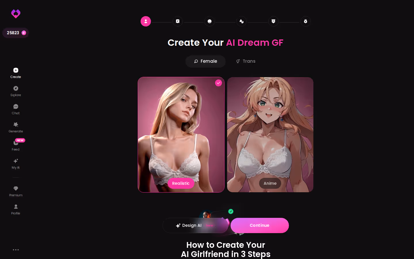 GoLove create wizard with Design with AI and Realistic, Anime and Trans starting options