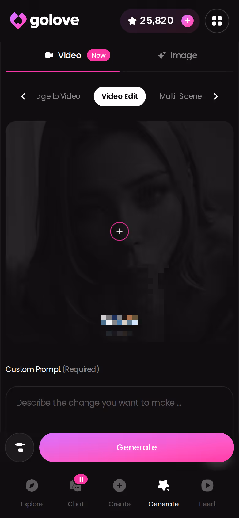 GoLove Video Edit screen on mobile for reworking an existing AI video